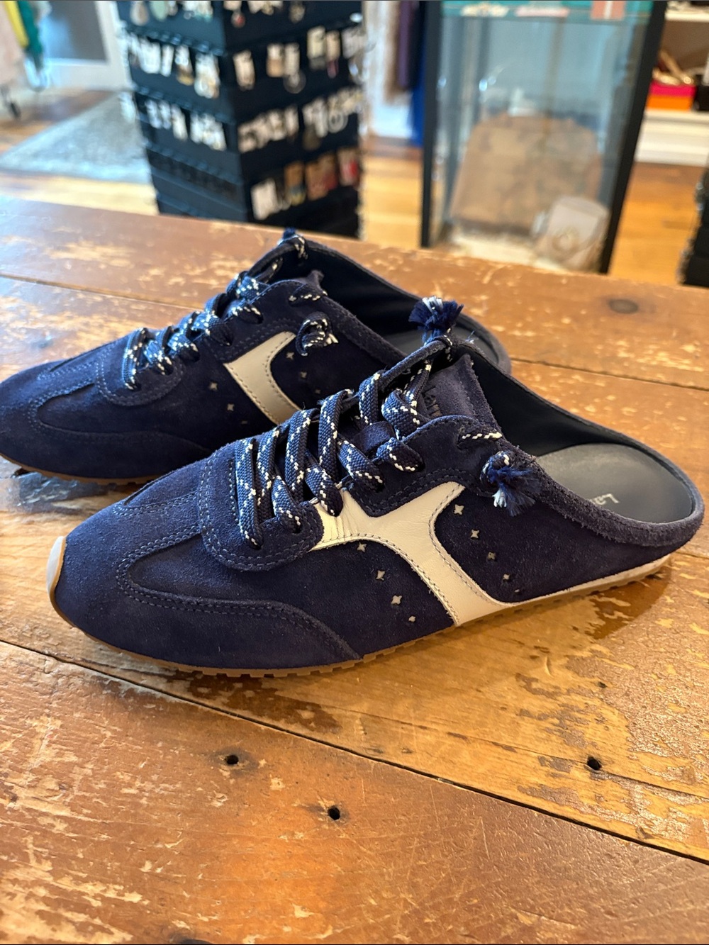 Larroude Navy and White Suede Slip-On Sneakers